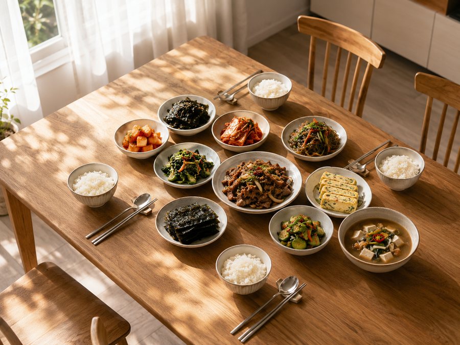 햇빛이 드는 식탁에 차려진 집밥 한 상. 밥과 반찬, 국이 차려져 있습니다.