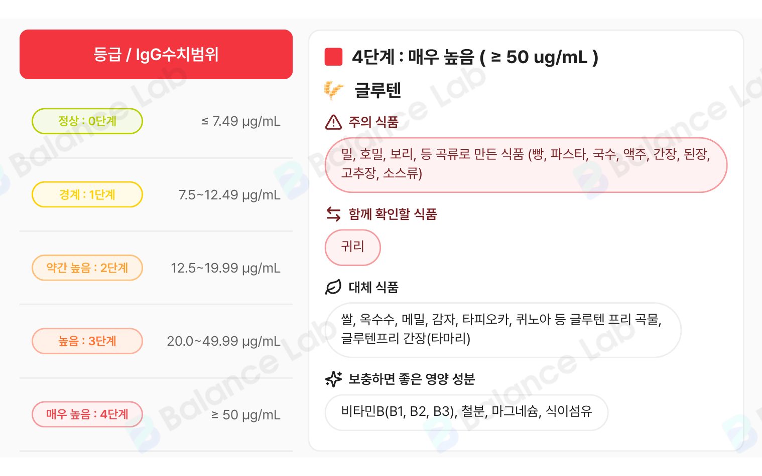 0단계부터 4단계까지의 IgG 수치 범위 표와, 글루텐 4단계 카드. 주의 식품, 함께 확인할 식품, 대체 식품, 보충하면 좋은 영양 성분이 적혀 있습니다.